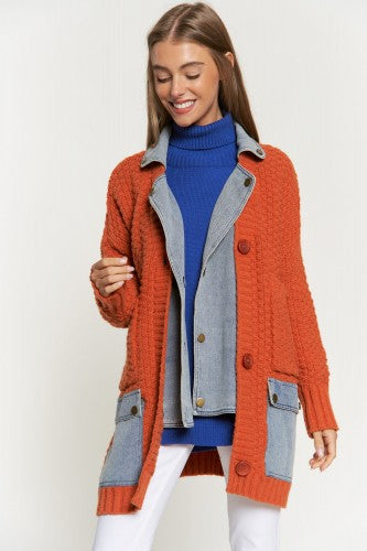 Denim + Rust Chunky Knit Open Jacket Cardigan – The Red Raccoon