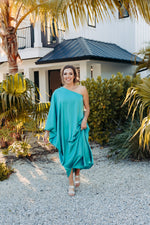 Teal Satin Drape One Shoulder Maxi