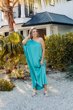 Teal Satin Drape One Shoulder Maxi