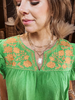 Apple Green Rust Embroidered Flutter Sleeve Top