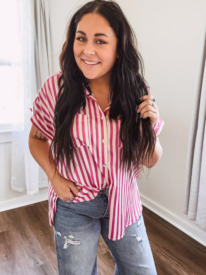 Pink + Ivory Stripe Satin Button Up