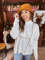 Ivory + Camel Patch Stitch Mock Neck Sweater