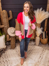 Red + Taupe Colorblock Woven Cardigan