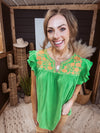 Apple Green Rust Embroidered Flutter Sleeve Top