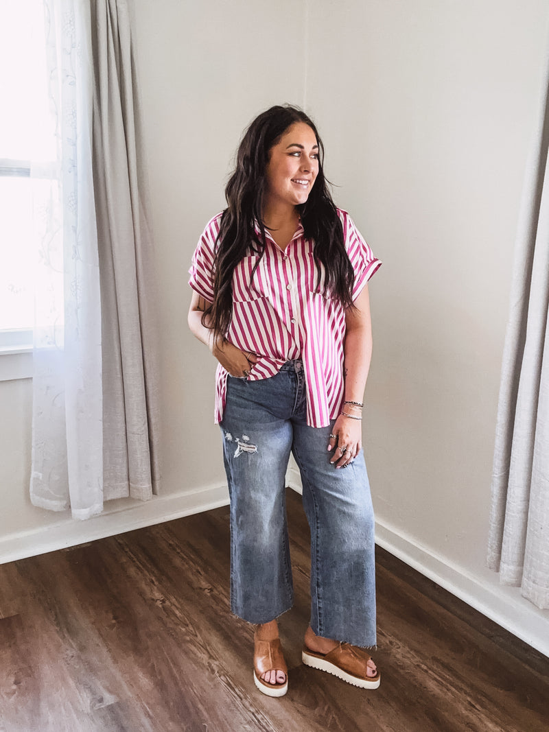 Pink + Ivory Stripe Satin Button Up