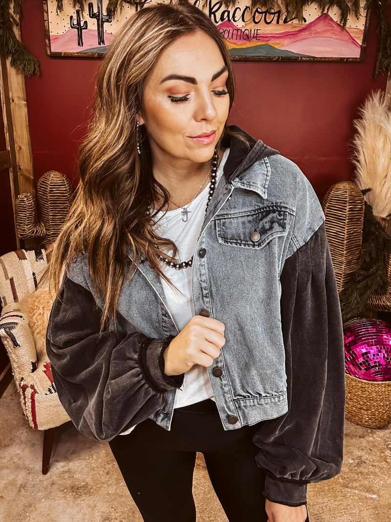 Denim Jacket with Slouchy Sweater Sleeve + Hood