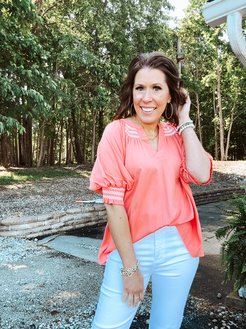 Coral Smock Stitch Detail Top