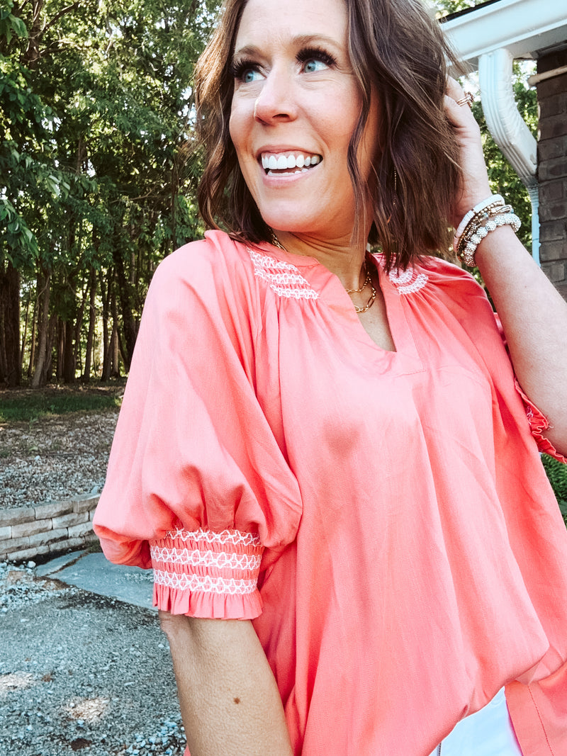 Coral Smock Stitch Detail Top