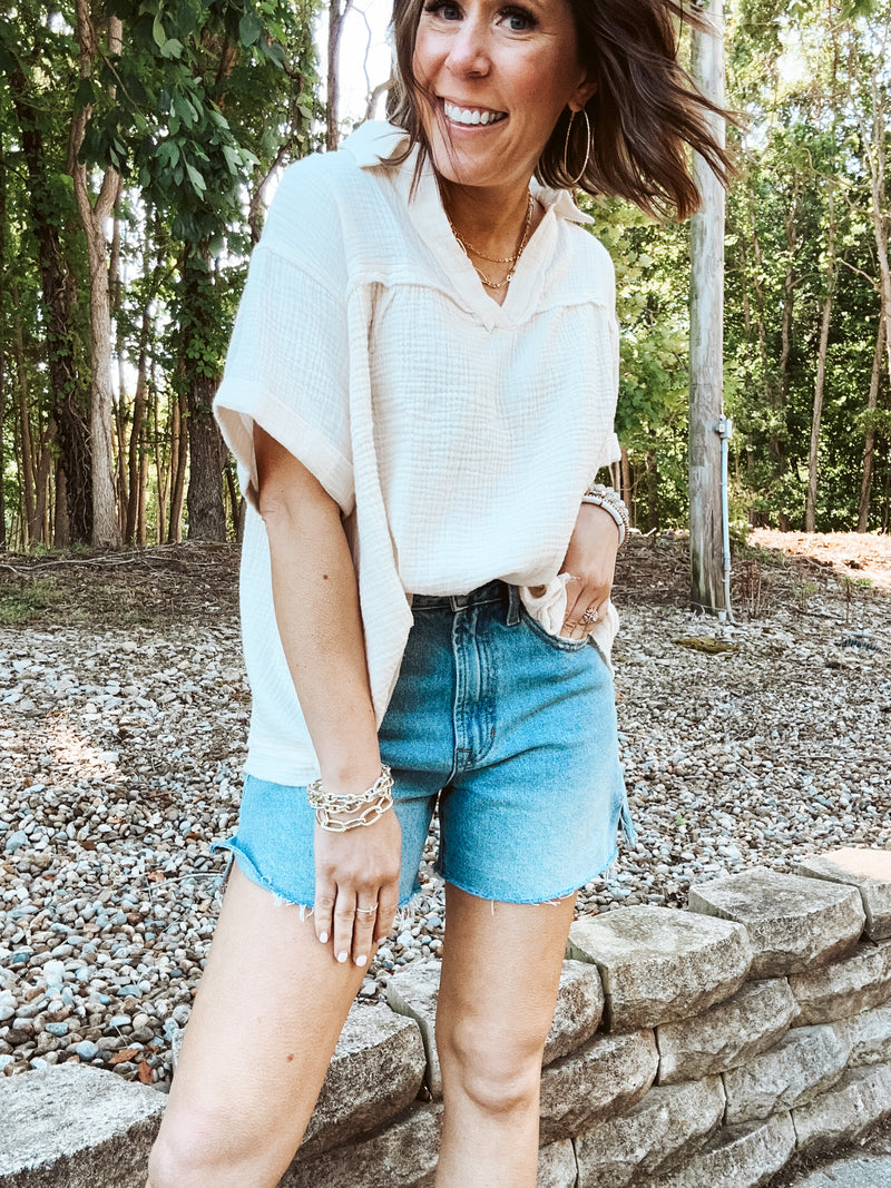 Off White Cotton Gauze V Neck Collared Blouse