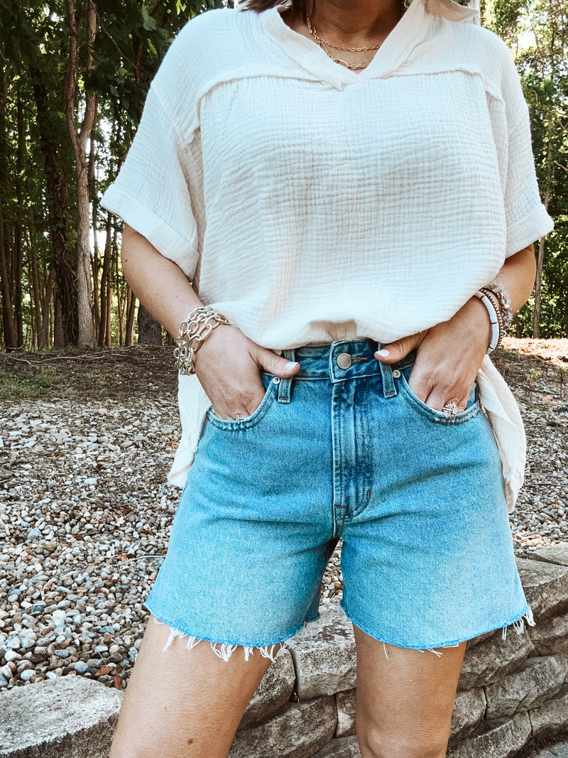 High Rise Side Slit Denim Short