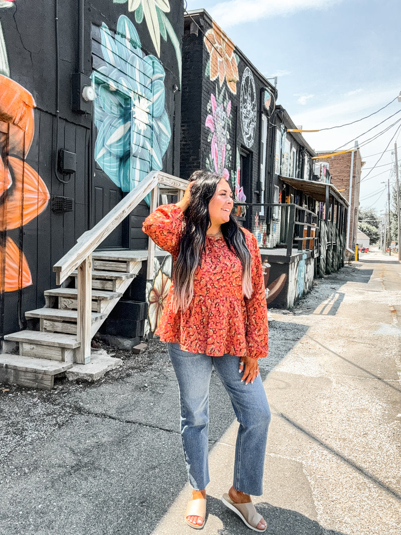 Rust Mix Jacquard Floral Peplum Top