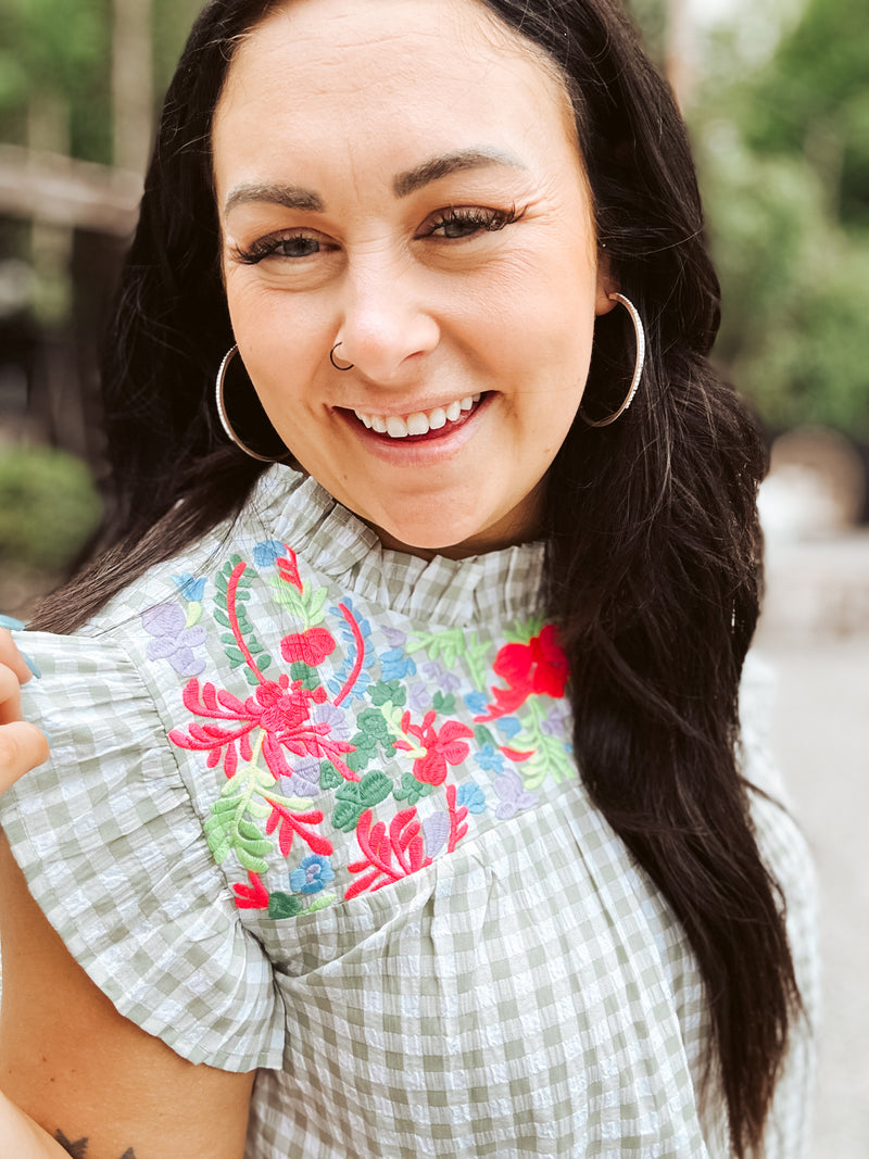 Sage Gingham Embroidered Yoke Top