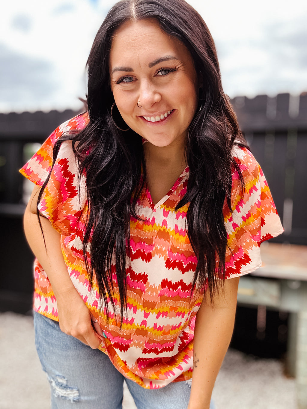 Retro Aztec Pink Combo Short Sleeve Blouse