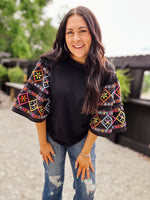 Black Embroidered Ruffle Sleeve Top