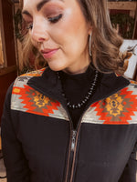 Black Aztec Puff Jacket with Suede Trim