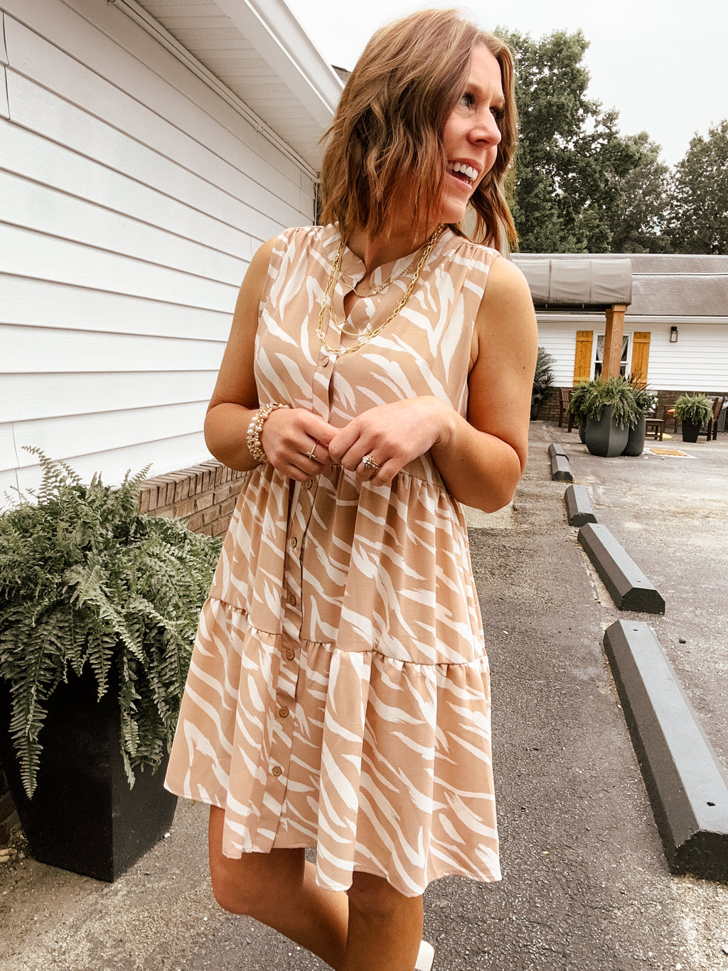 Taupe + Ivory Button Down Tiered Abstract Print Dress