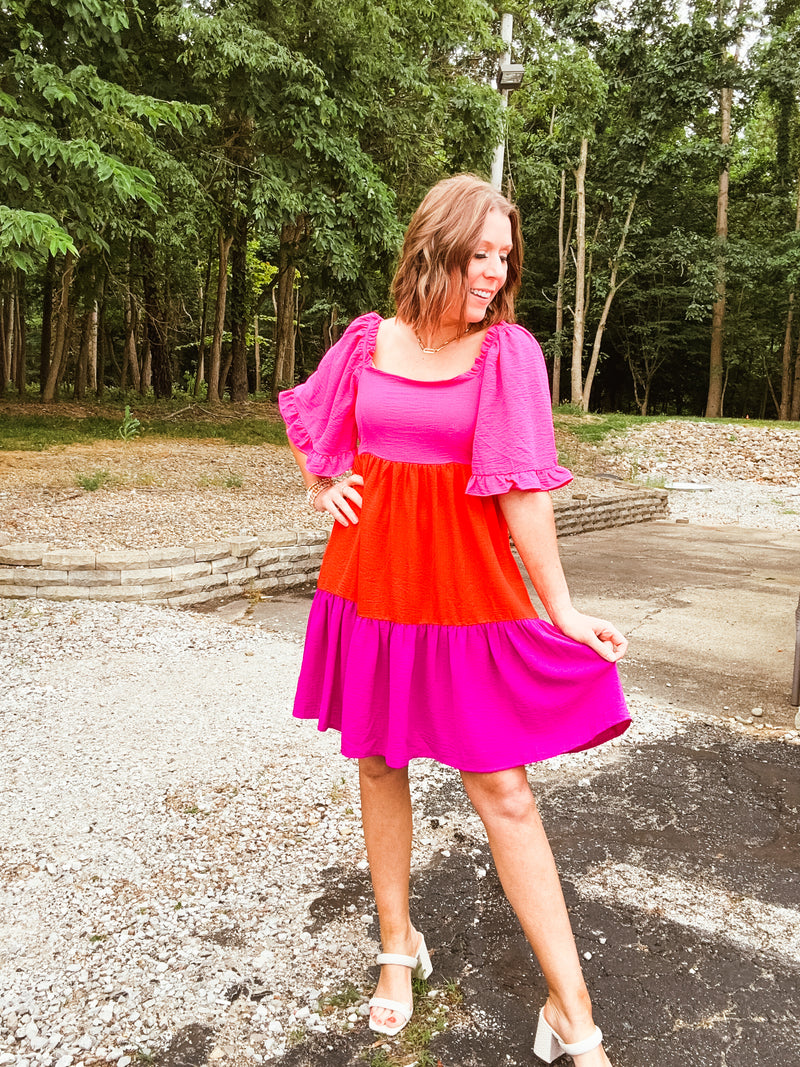 Pink Combo Flutter Sleeve Colorblock Woven Dress