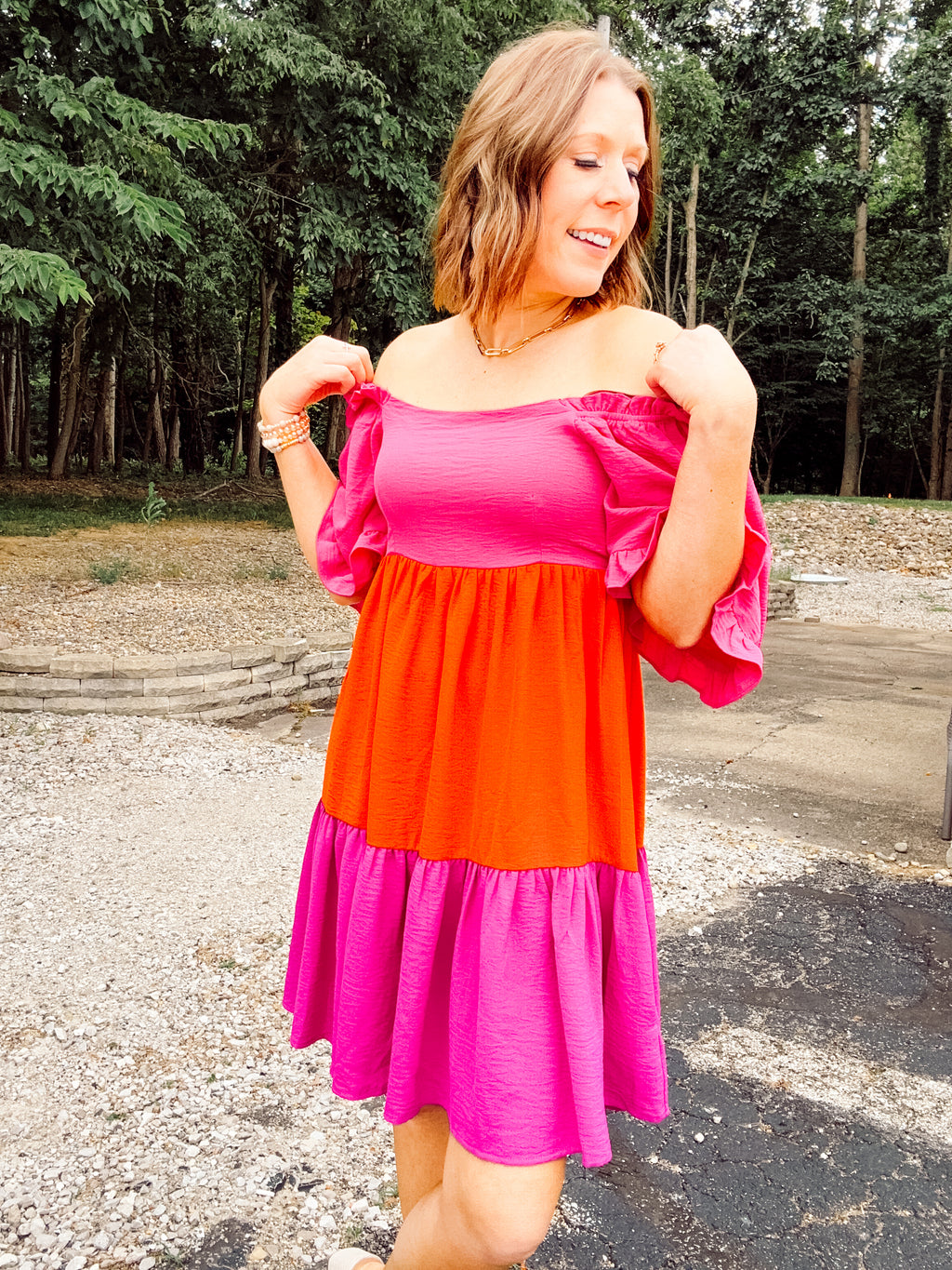 Pink Combo Flutter Sleeve Colorblock Woven Dress