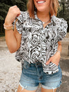 Black & White Ethnic Watercolor Flutter Sleeve Button Up