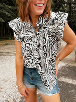 Black & White Ethnic Watercolor Flutter Sleeve Button Up