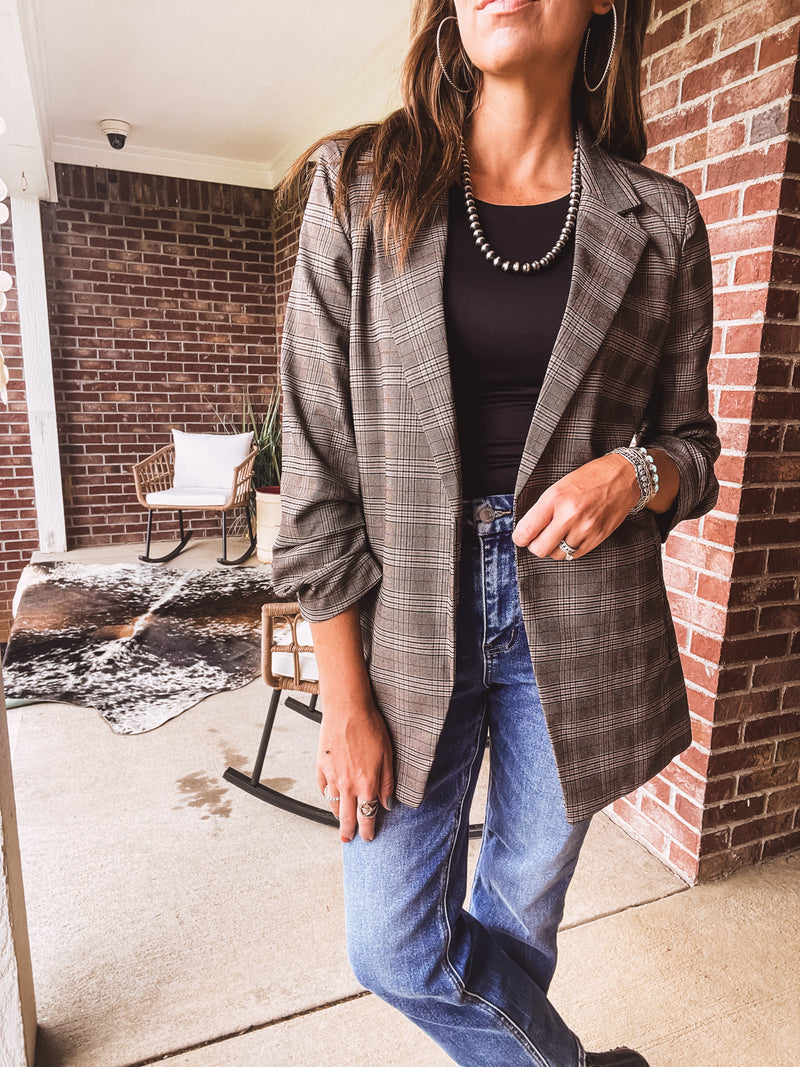 Charcoal Multi Plaid Ruched Sleeve Blazer