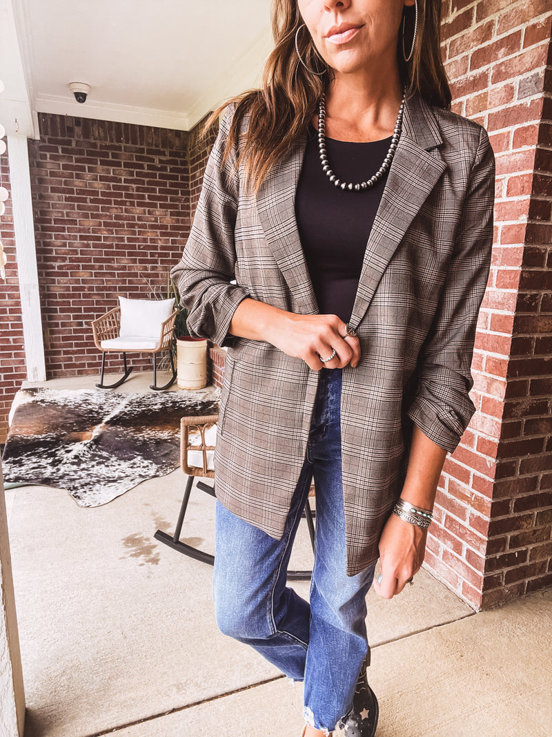 Charcoal Multi Plaid Ruched Sleeve Blazer