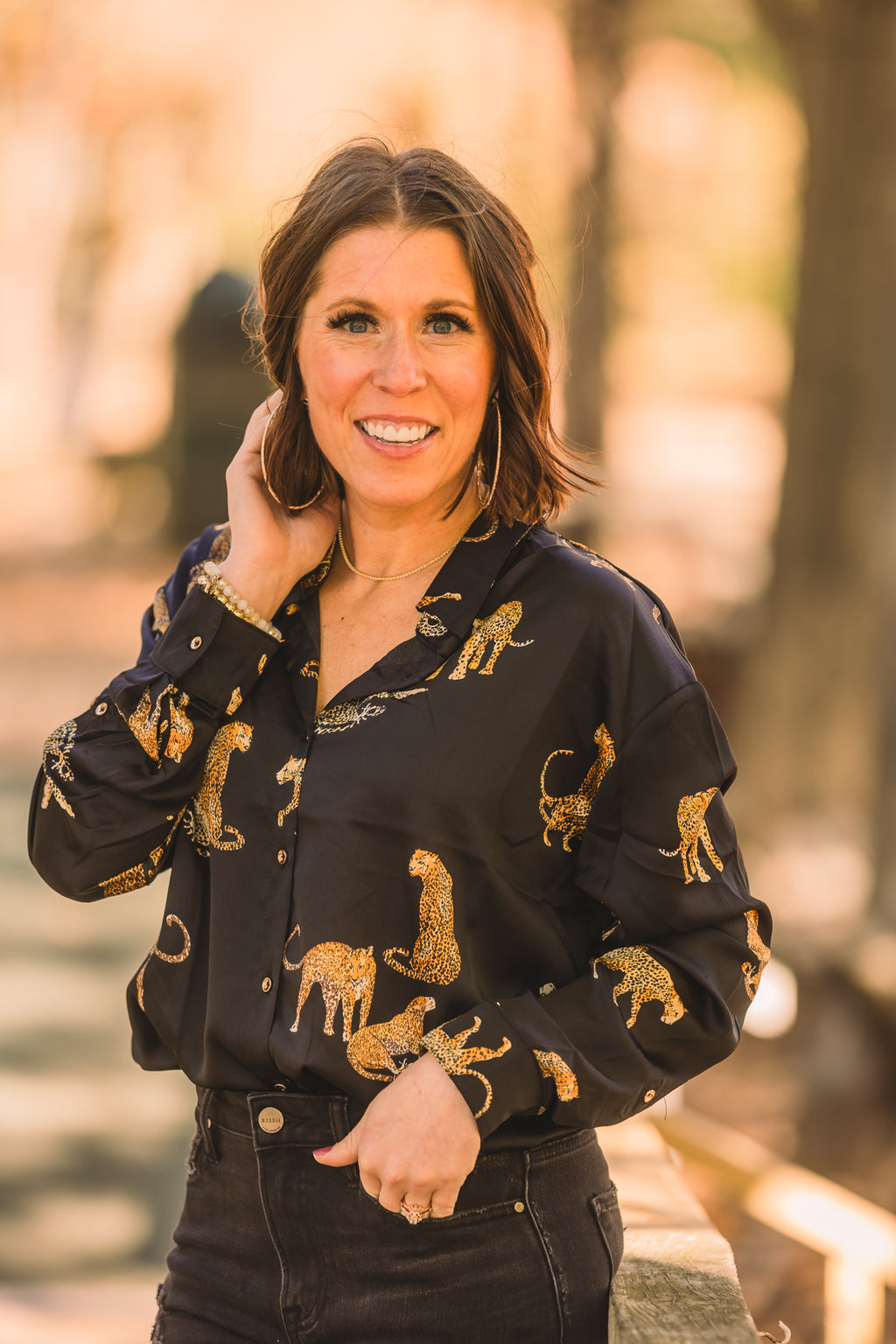 Black Satin Animal Print Button Up