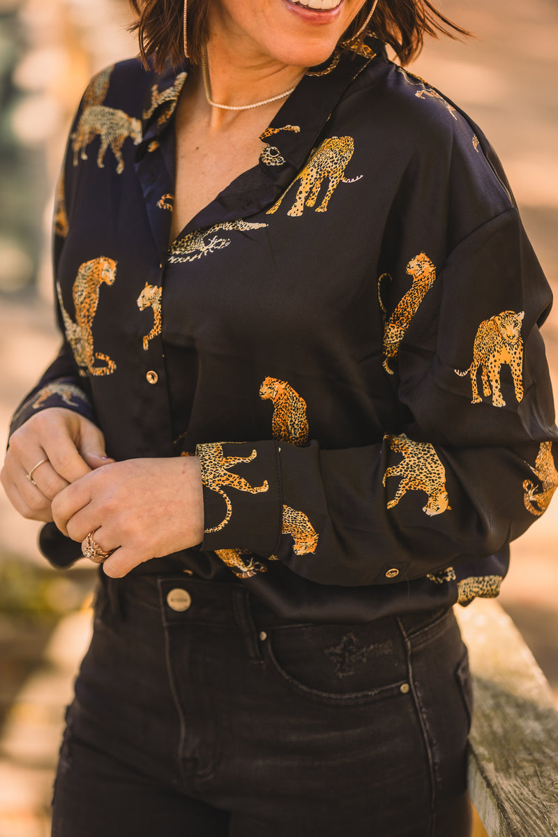 Black Satin Animal Print Button Up