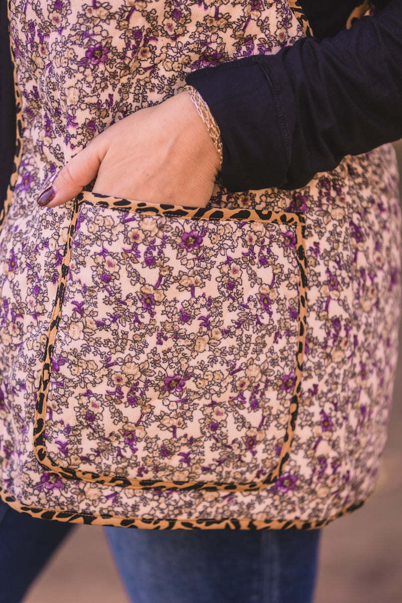 Cream + Violet Floral Oversized Vest with Leo Piping