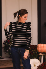 Black + Cream Stripe Ruffle Shoulder LS