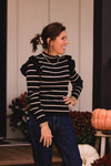 Black + Cream Stripe Ruffle Shoulder LS