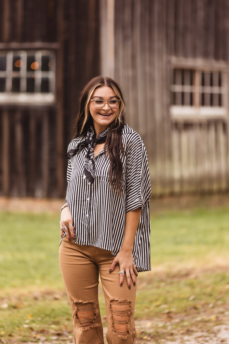 Black + White Stripe Oversized Button Front Dolman