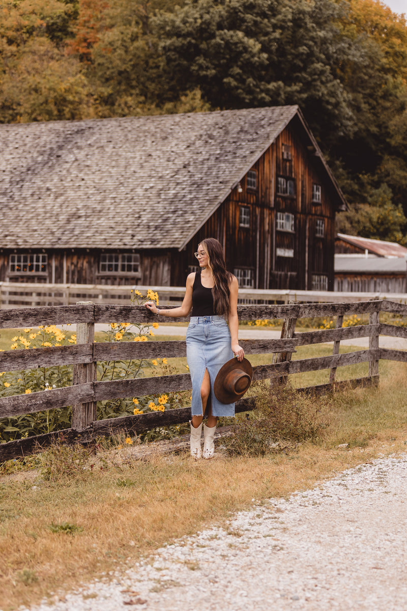 Light Denim Open Slit Midi Skirt