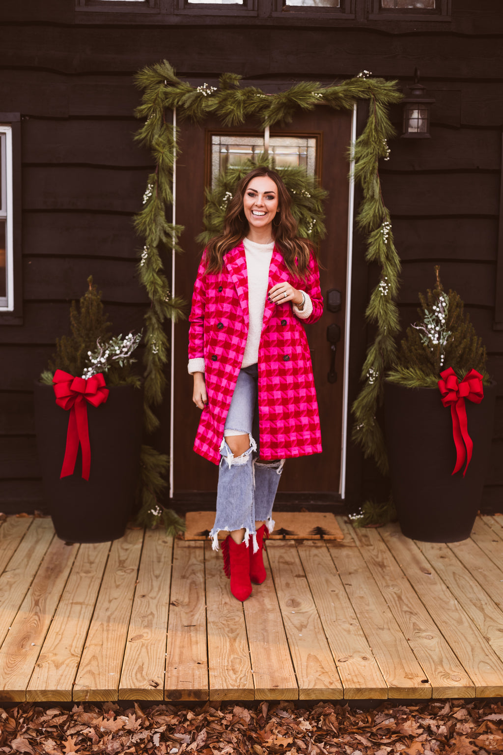 Pink + Red Textured Knit Tweed 2 Tone Jacket