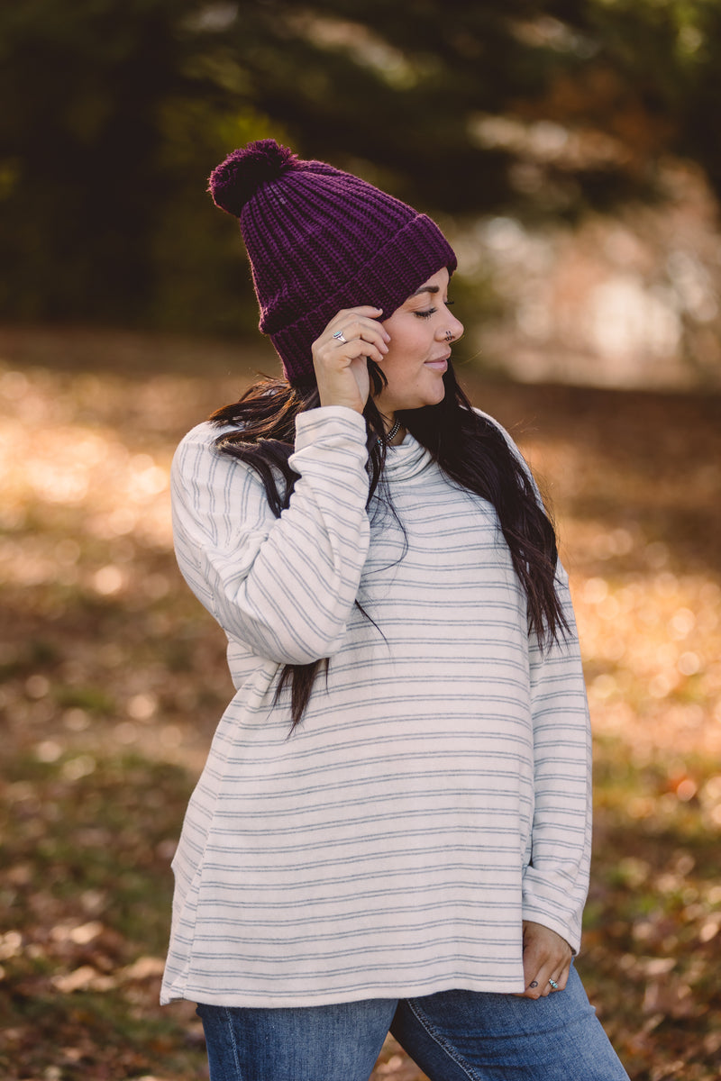 Grey + White Hacci Cowl Neck