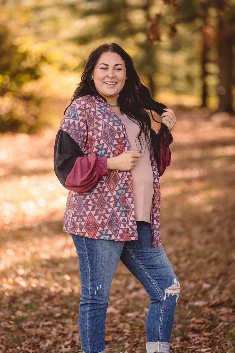 Burgundy + Teal Charcoal Mix Aztec Cardigan