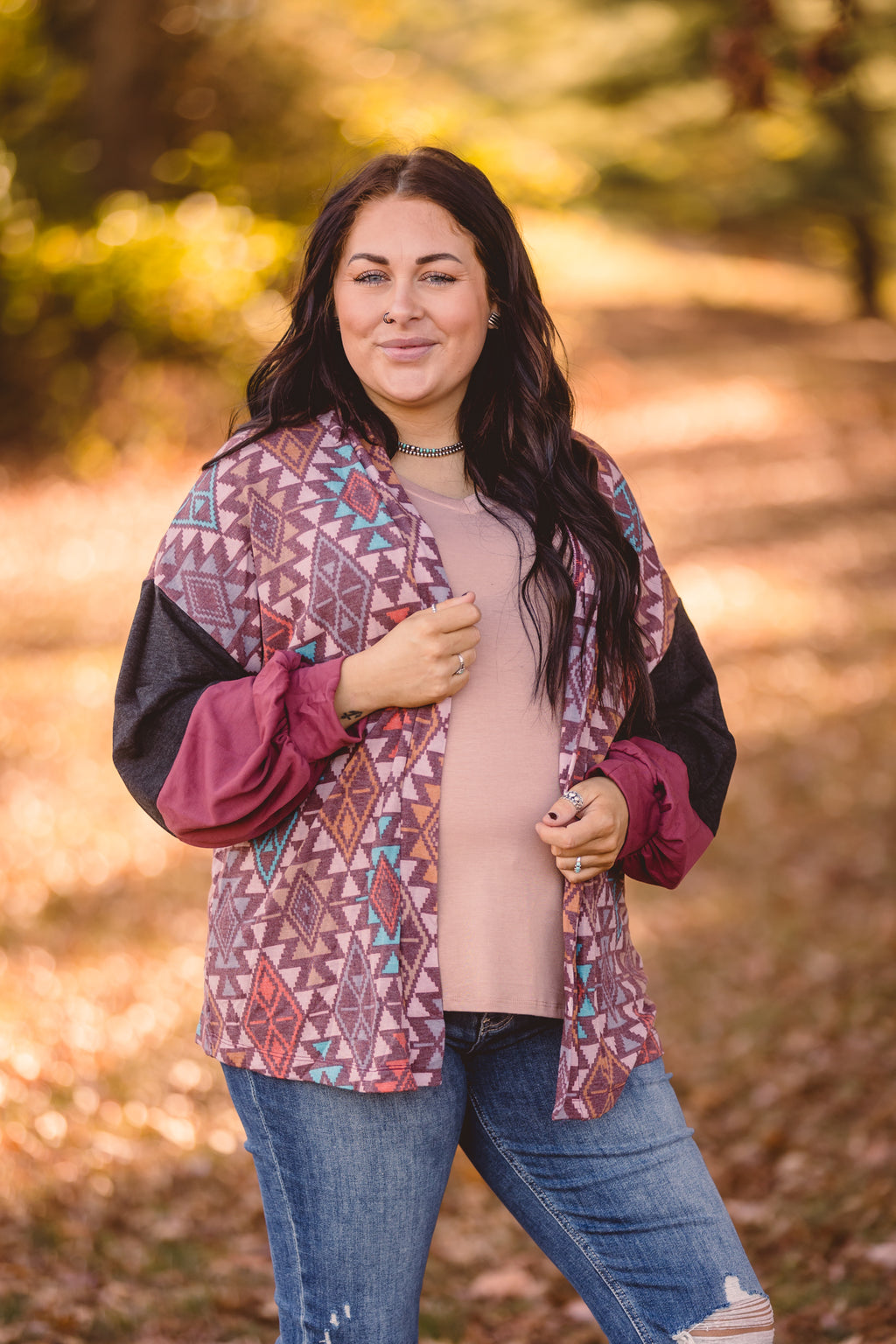 Burgundy + Teal Charcoal Mix Aztec Cardigan