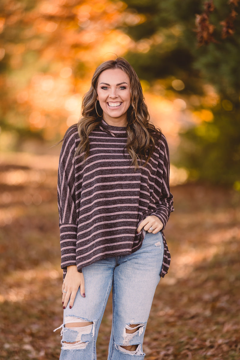 Mocha + Taupe Stripe Cowl Neck