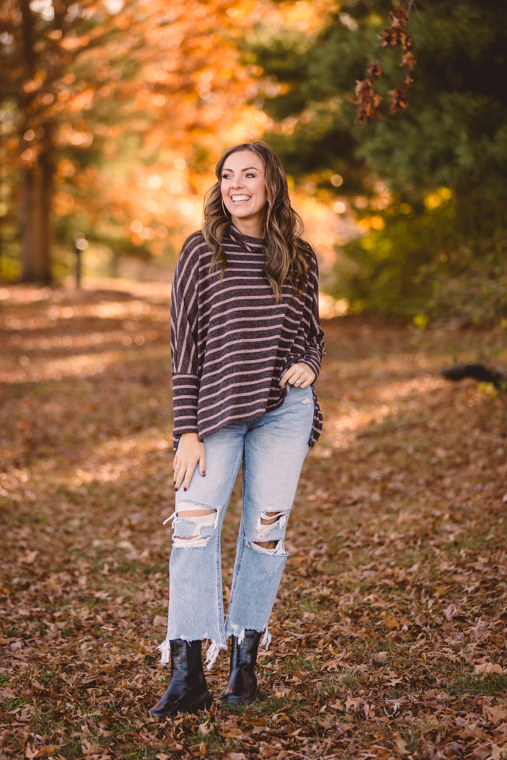 Mocha + Taupe Stripe Cowl Neck