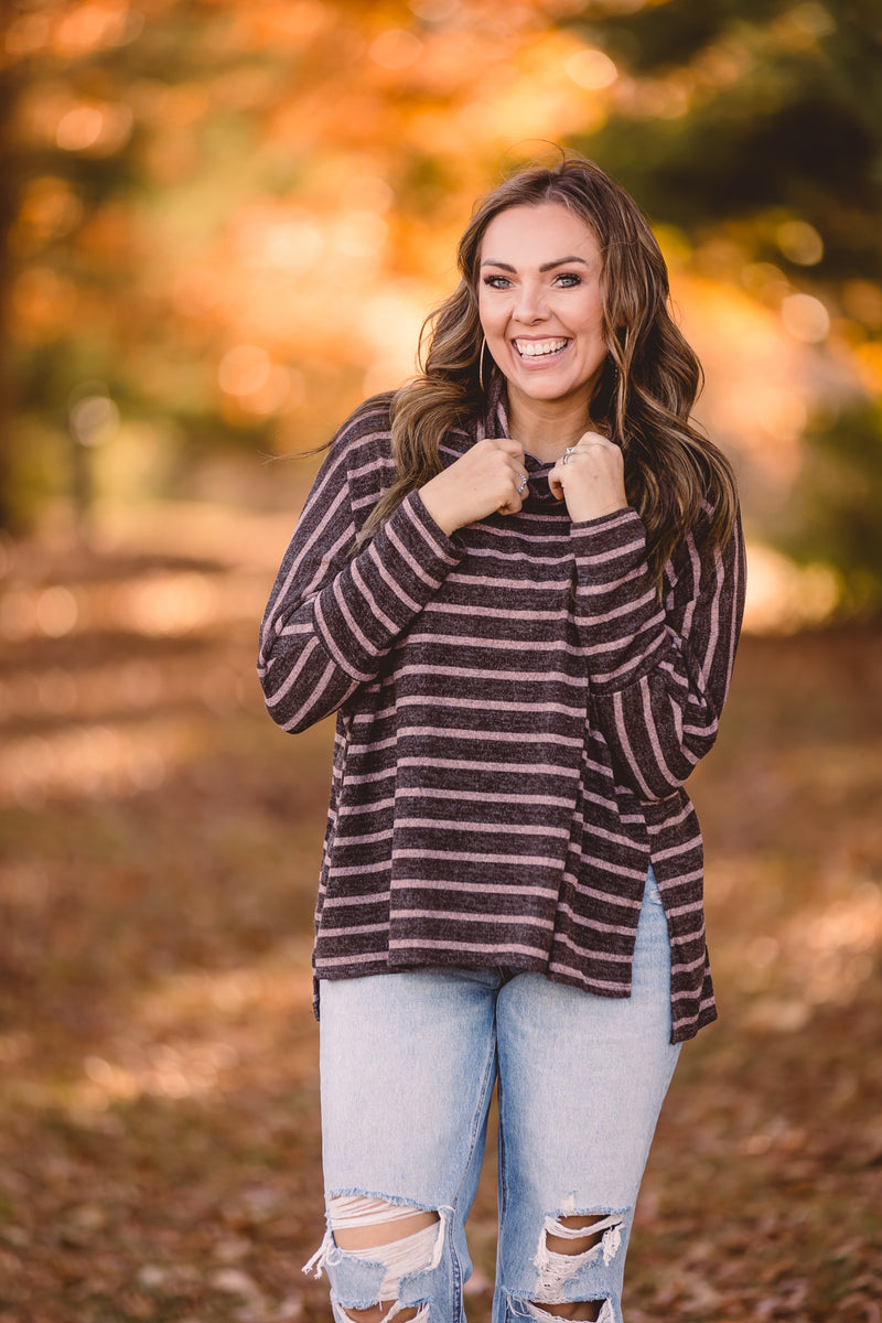 Mocha + Taupe Stripe Cowl Neck