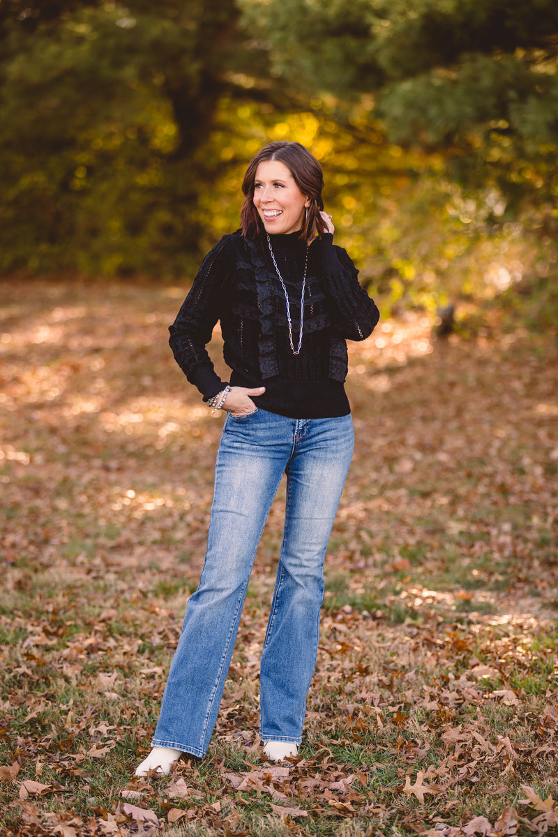 Black Mock Neck Lace Blouse