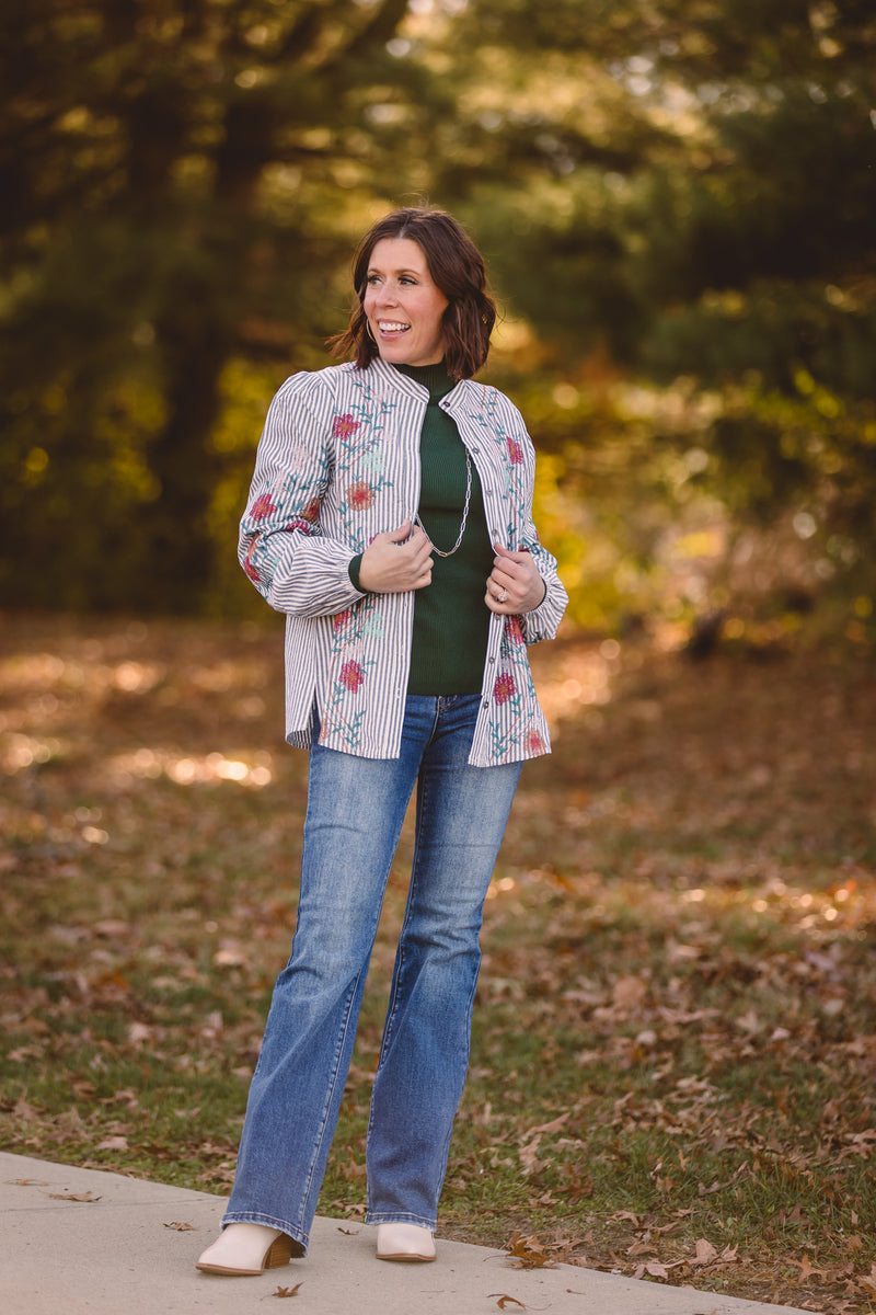 Charcoal + Ivory Stripe Embroidered Blouse