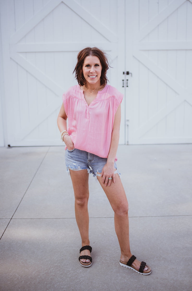 Bubblegum Satin V Neck Blouse