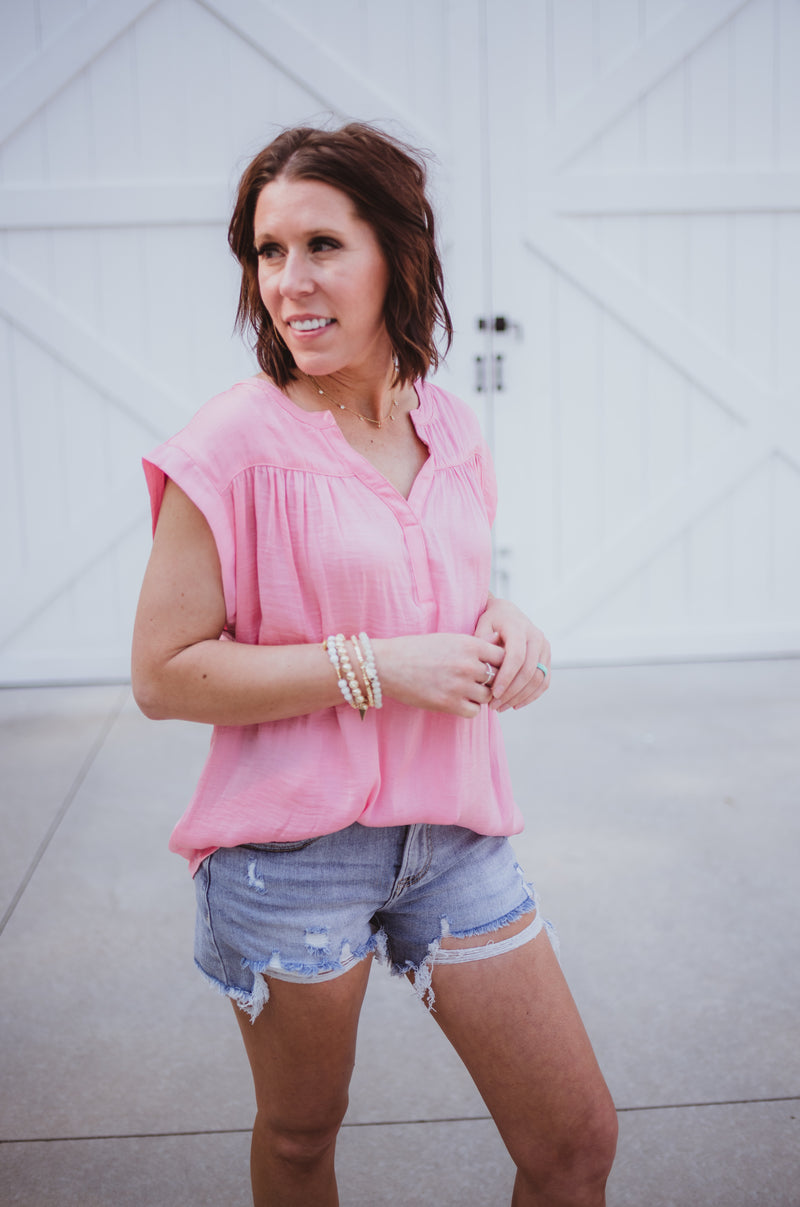 Bubblegum Satin V Neck Blouse