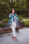 Green Floral Print Blouse with Smocking and Front Tie Closure