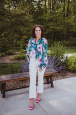 Green Floral Print Blouse with Smocking and Front Tie Closure