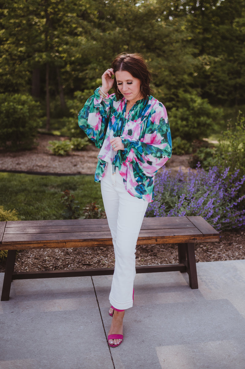 Green Floral Print Blouse with Smocking and Front Tie Closure