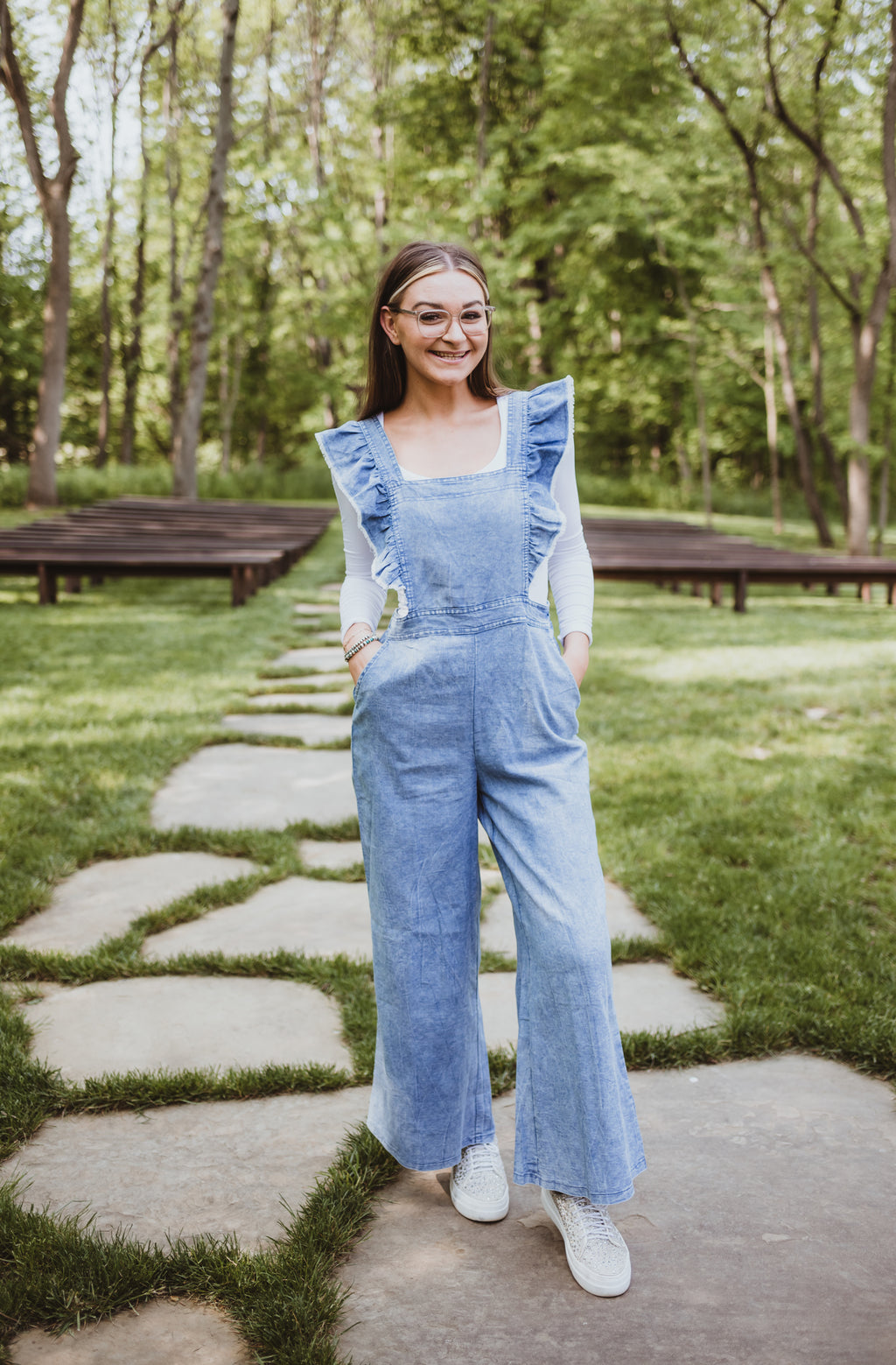 Washed Denim Overall Flutter Jumpsuit