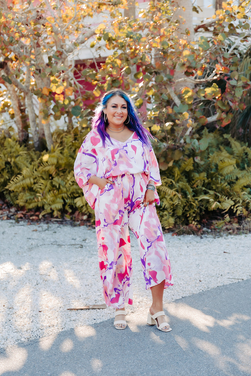 Hot Pink Geode Swirl V Neck Jumpsuit