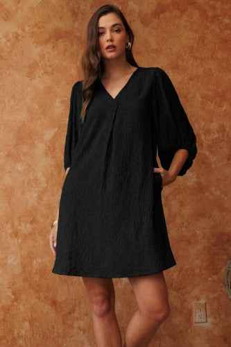 Black V Neck Dress with 3/4 Sleeve + Side Pockets